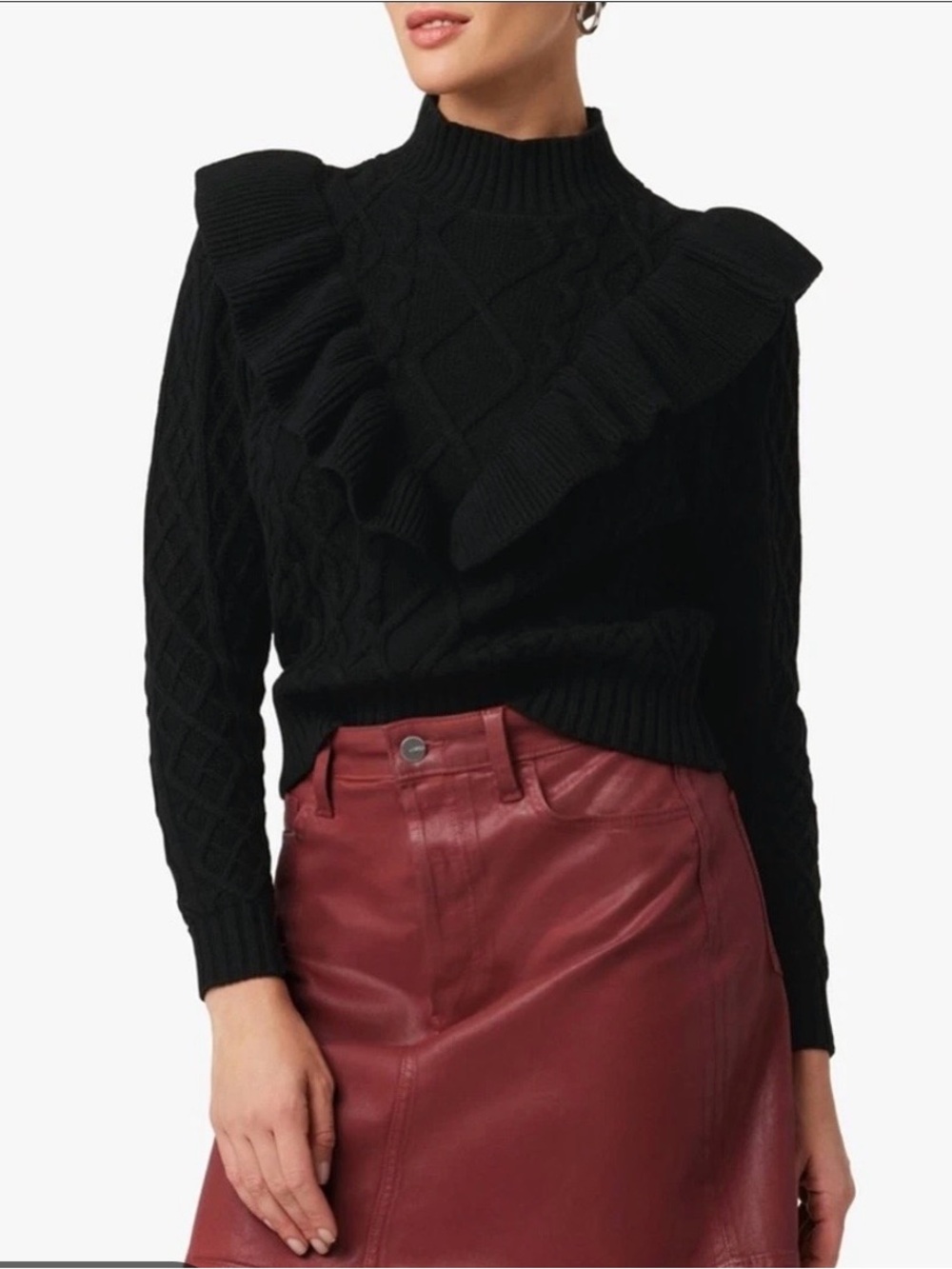 Joe’s Collection Teo Black Cable-Knit Ruffle Sweater Womens S
